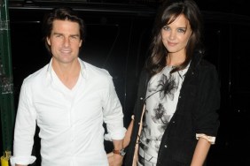 Katie Holmes, white dress, black floral print white dress, black sweater jacket, black jacket, Tom Cruise, white shirt, watch